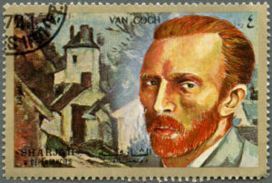 Zdjęcie przedstawia znaczek pocztowy, na którym widać na pierwszym planie twarz Vincenta Van Gogha. W tle biały budynek, w lewym rogu stempel pocztowy, , napis Van Gogh.